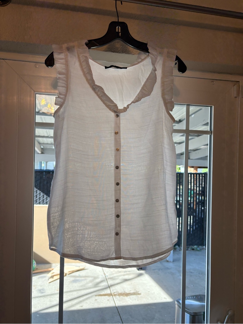 White Ruffle Sleeve Button-Front Women's Top